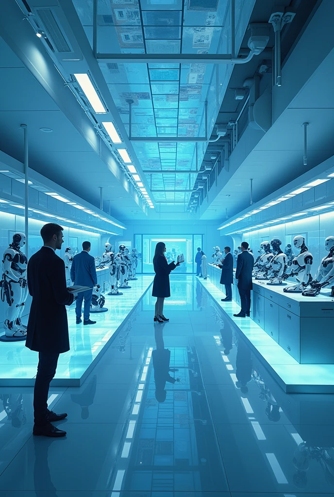 Imagine a large laboratory, glass and marble, sleek, modern, high society, blue lighting, old money, futuristic, robotics, hyperrealistic, holograms of people