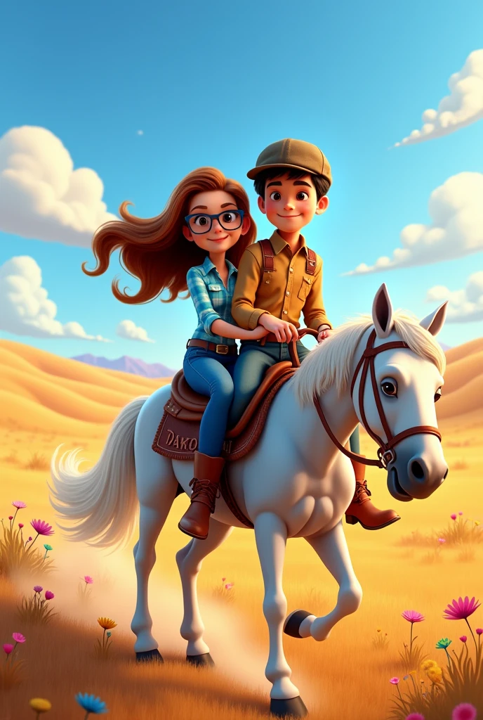 Pixar style poster of a cowboy couple in love, the girl with brown hair wearing sunglasses , wearing a light blue plaid shirt and blue jeans with brown ankle boots and the boy with black hair , wearing sunglasses, a tan-colored shirt, blue jeans, brown boots, a cap, and riding a silver and white horse, with black hair named the master