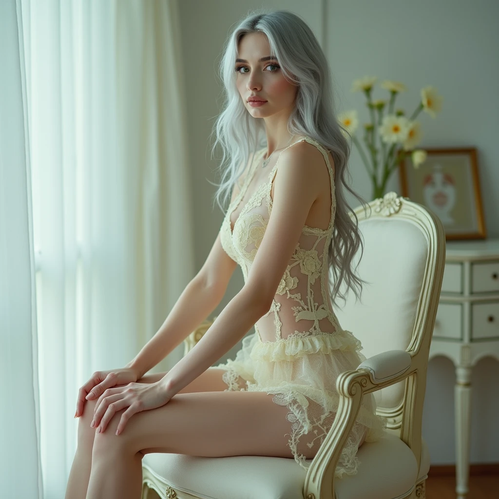 Hyper-realistic photo of a professional model with pale skin posing for a fashion photoshoot. Beautiful model in transparent floral lace night short dress, slender figure, beautiful large breasts, covered in transparent veil, lots of body exposure, full body image facing forward, fantastical painting-like image, silver hair, white translucent skin, long false eyelashes, sitting on a chair facing forward with legs apart, facing forward and legs apart to show crotch , lemon pastel transparent floral lingerie, glass high heels,