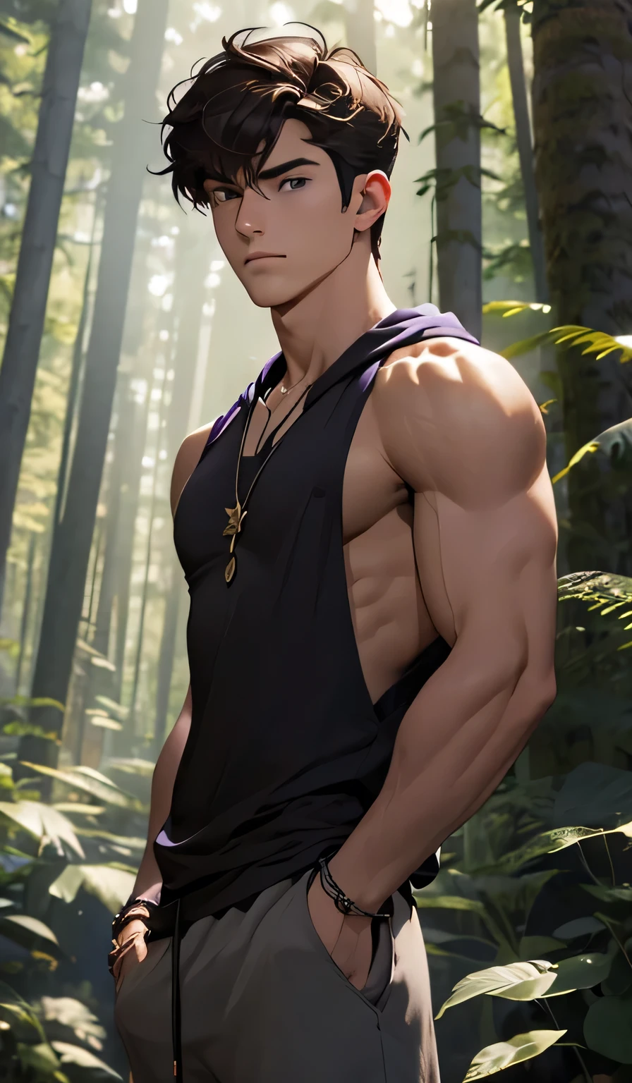 young man, defined body.  Handsome, brown hair, clear purple eyes, masculine, hairless muscles, black hooded tank top, Tibetan bracelet, lapiz lazuli stone pendant, hands in pockets, looking up, background dark, forest, ruined temple, Little light, purple light, Ultra definition, HD,  full color, 
