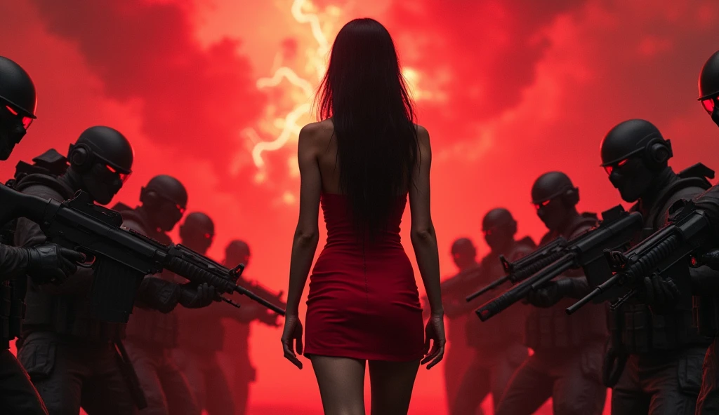 short in red dress with tall black hair is controlling replica operatives wearing tactical gear and black elite masks holding assault rifles. Her eyes glow red and the sky is chaotic red.