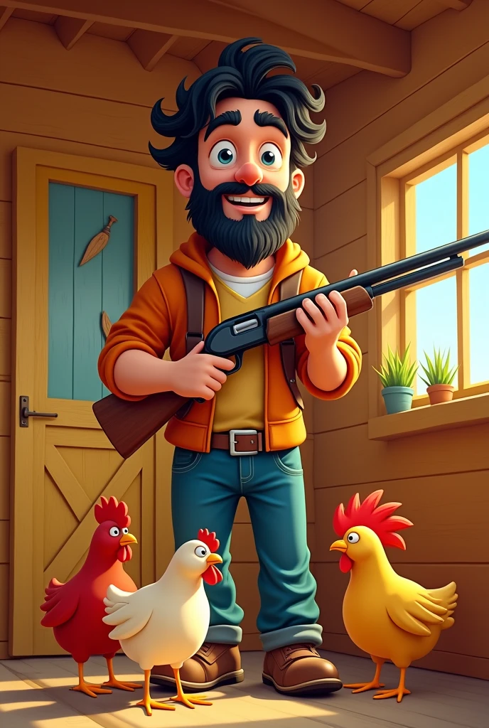 Make a 25-year-old, holding a shotgun, bearded, with black hair and in the cartoon chicken coop