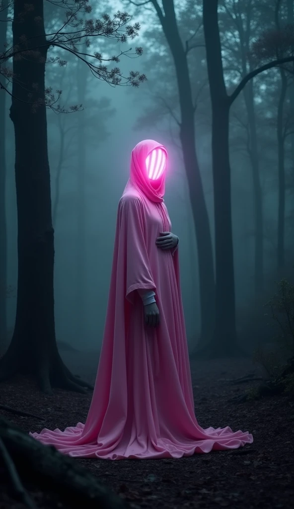Surreal figure in a flowing pink robe with a glowing futuristic object replacing their head, standing in a dark forest. Eerie and mystical atmosphere with soft, ethereal lighting. The dark trees in the background are only partially illuminated by the light, creating a strange and otherworldly scene.