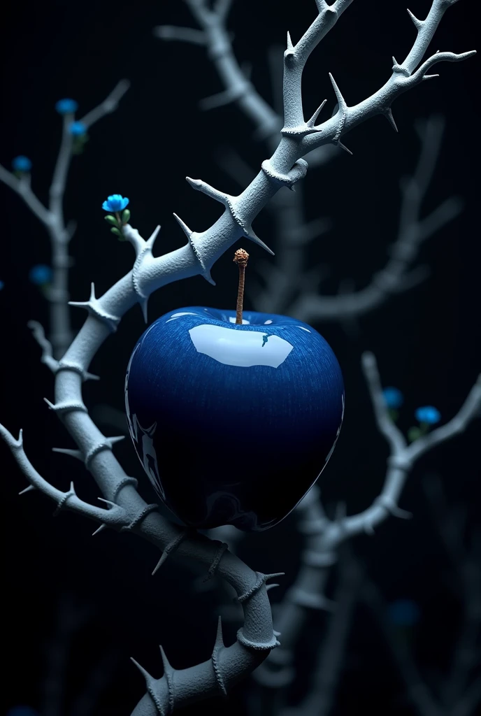 create a 3d image, a dark blue apple hanging from a branch. a black background with white thorns and branches and small blue leaves in a forest. 

