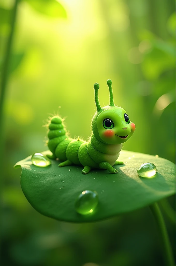 **Tiny Caterpillar**: A tiny, newly hatched green caterpillar with a cheerful expression, crawling on the leaf.