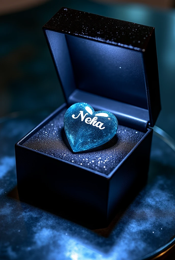 this is a beautiful black shining gift square shaped inside heart necklace box this is opened this cap side kept, box nside black transparent heart it is made of glass, with heart inside written name "Neha" clearly, inside and background Black shining background is placed blue shining table base, very shining placed, very shining giftbox,.