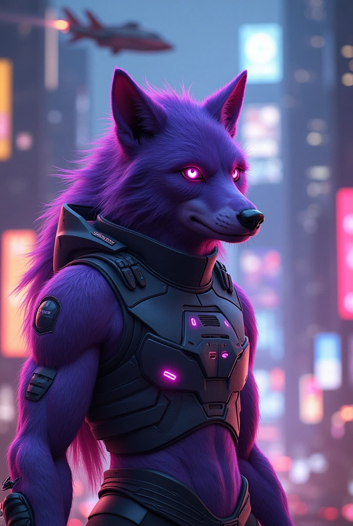 (photorealism:1.2),purple teenage werewolf with black, cyberpunk 3086