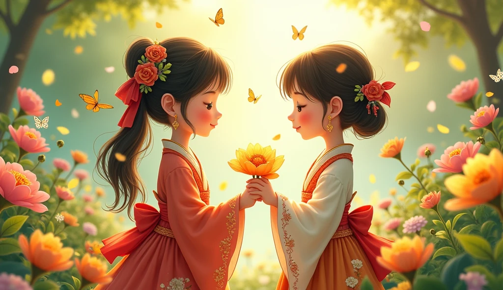 Two young cartoon maidens in traditional attire, shyly exchanging flowers in a beautiful garden filled with blooming flowers and butterflies, a gentle breeze flowing through their hair."