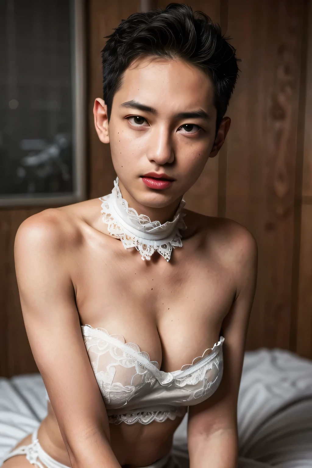 ((9x-UltraSharp)), ((SMALL HEAD)), ((NECK LACE)), Spread, ((SLEEPING LIE DOWN FEMBOY)), (((SAD FACE EXPRESSION:1.1)), ((NECK LACE)), ((GOTHIC EYELASHES & LIPS)), ((LIPS)), ((MEN'S STYLE SHORTHAIRCUT)), adorable, 1 girl, (face to face), , baby face, happy, half body portrait, (face details: 1), (eye details: 1), ((big breasts)). ((G-String Strapless)), ((net stockings)), Strapless, ((red lips)), (((LIGHT WHITE NAKED)))