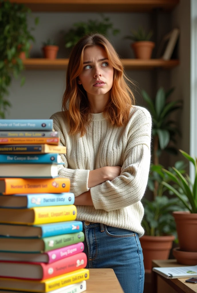 A woman standing in front of a stack of self-help books with bored or confused facial expressions drawn on them..