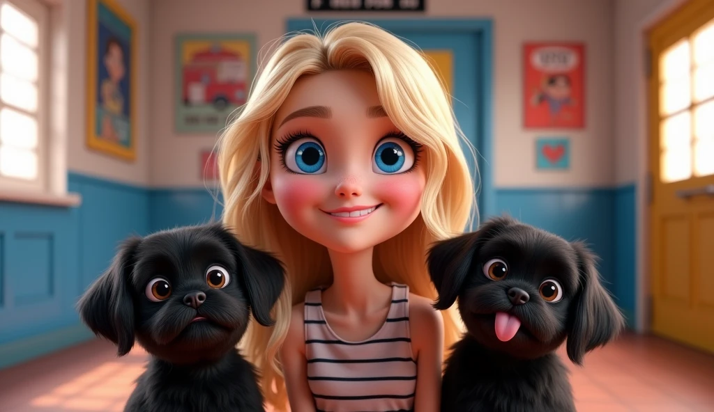  Cute blonde girlbig blue eyes,20 years old, 2 adorable black shih tzu puppies with big blue eyes, mug shot picture 3D Pixar style