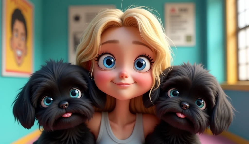 Cute blonde girlbig blue eyes,20 years old, 2 adorable black shih tzu puppies with big blue eyes, mug shot picture 3D Pixar style