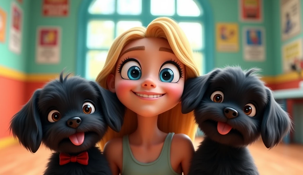 Cute blonde girlbig blue eyes,20 years old, 2 adorable black shih tzu puppies with big blue eyes, mug shot picture 3D Pixar style