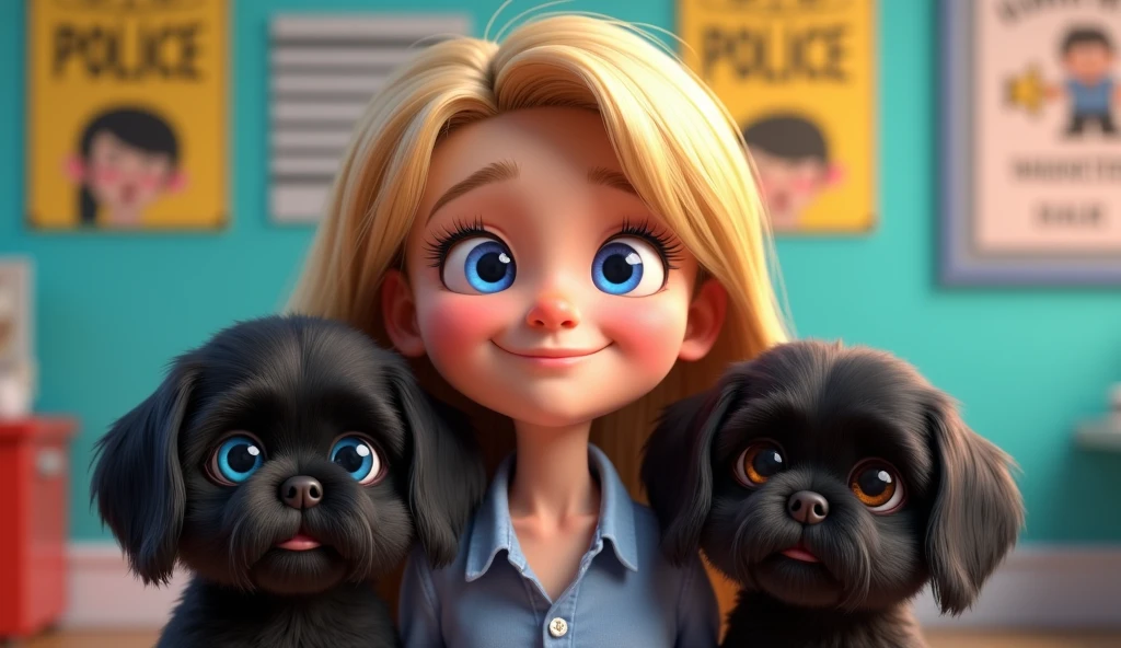 Cute blonde girlbig blue eyes,20 years old, 2 adorable black shih tzu puppies with big blue eyes, mug shot picture 3D Pixar style
