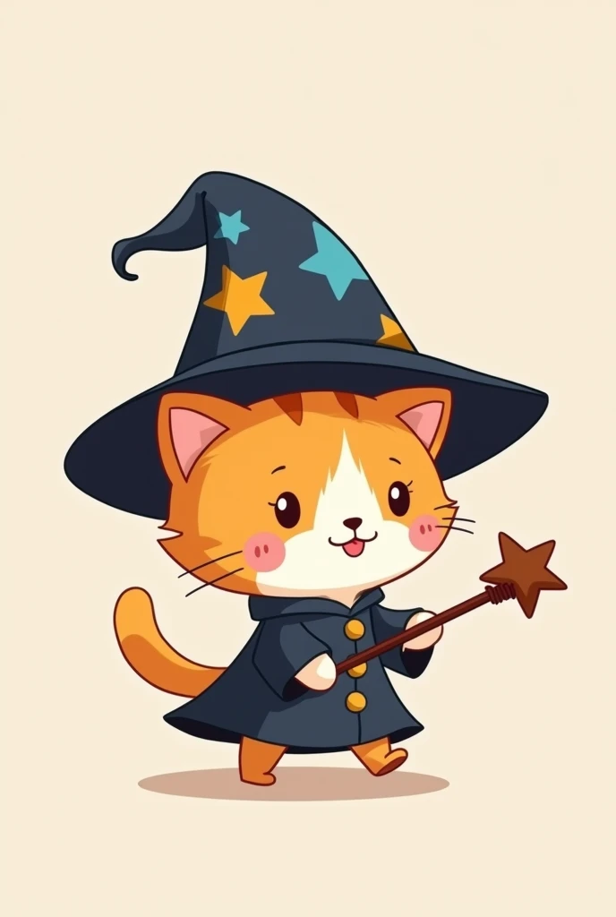 Simple and cute cartoon character illustrations, Cute chibi-style cat that walks on two legs,The majority of the background is a single color, Cat is wearing a slightly oversized wizard's hat, Wearing a magician's robe, Has a wizard's wand, A design that evokes a sense of familiarity and trustworthiness,Facing forward
