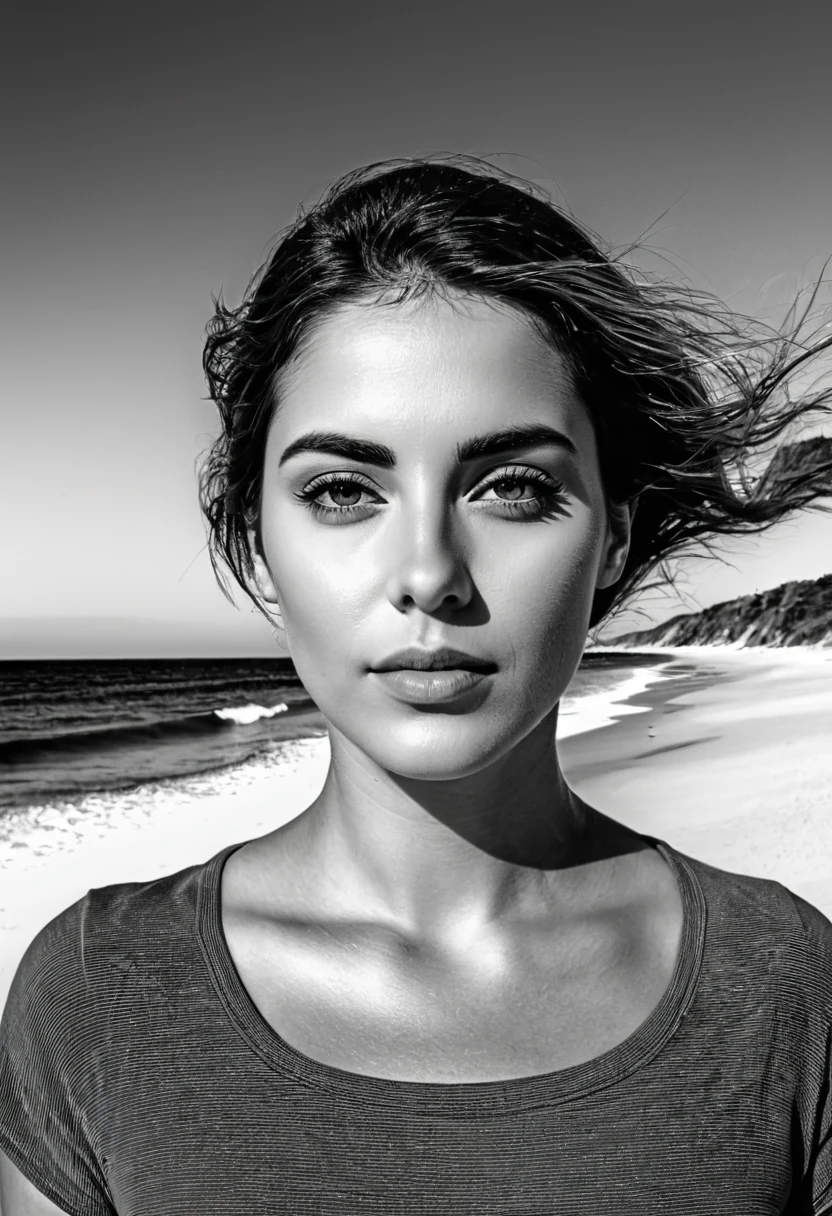 arafed woman with a black and white photo of a beach, drawn with photoshop, potrait, digital art!!, black and white filter, in the beach, by Emerson Silva, wideangle portrait, black and white picture, at a beach, edited in photoshop, grainy black and white photo, on beach, grainy black-and-white photo, 8k