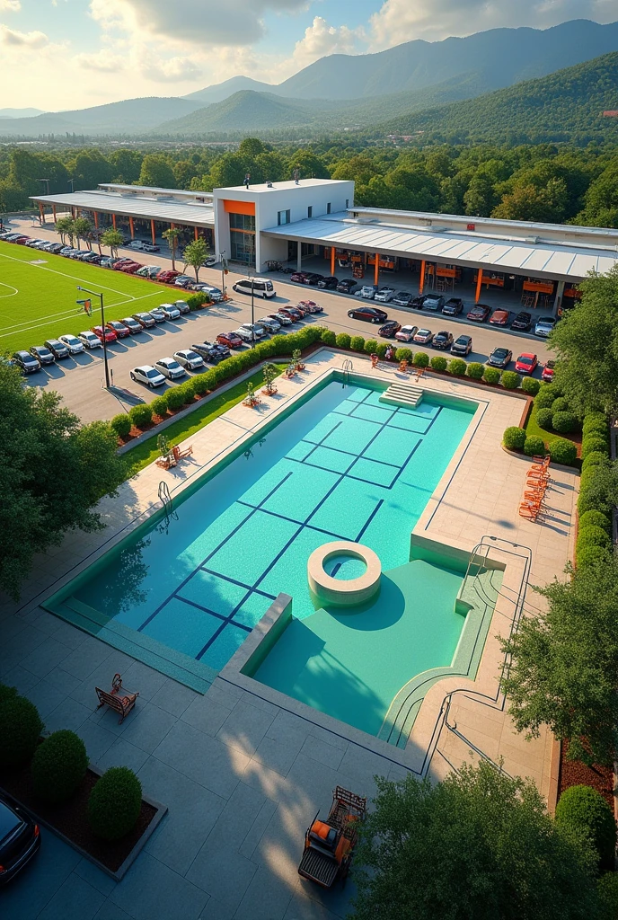 Create an image of a training center with a gym and a swimming pool., 
soccer field away from the pool
volleyball court
parking lot
