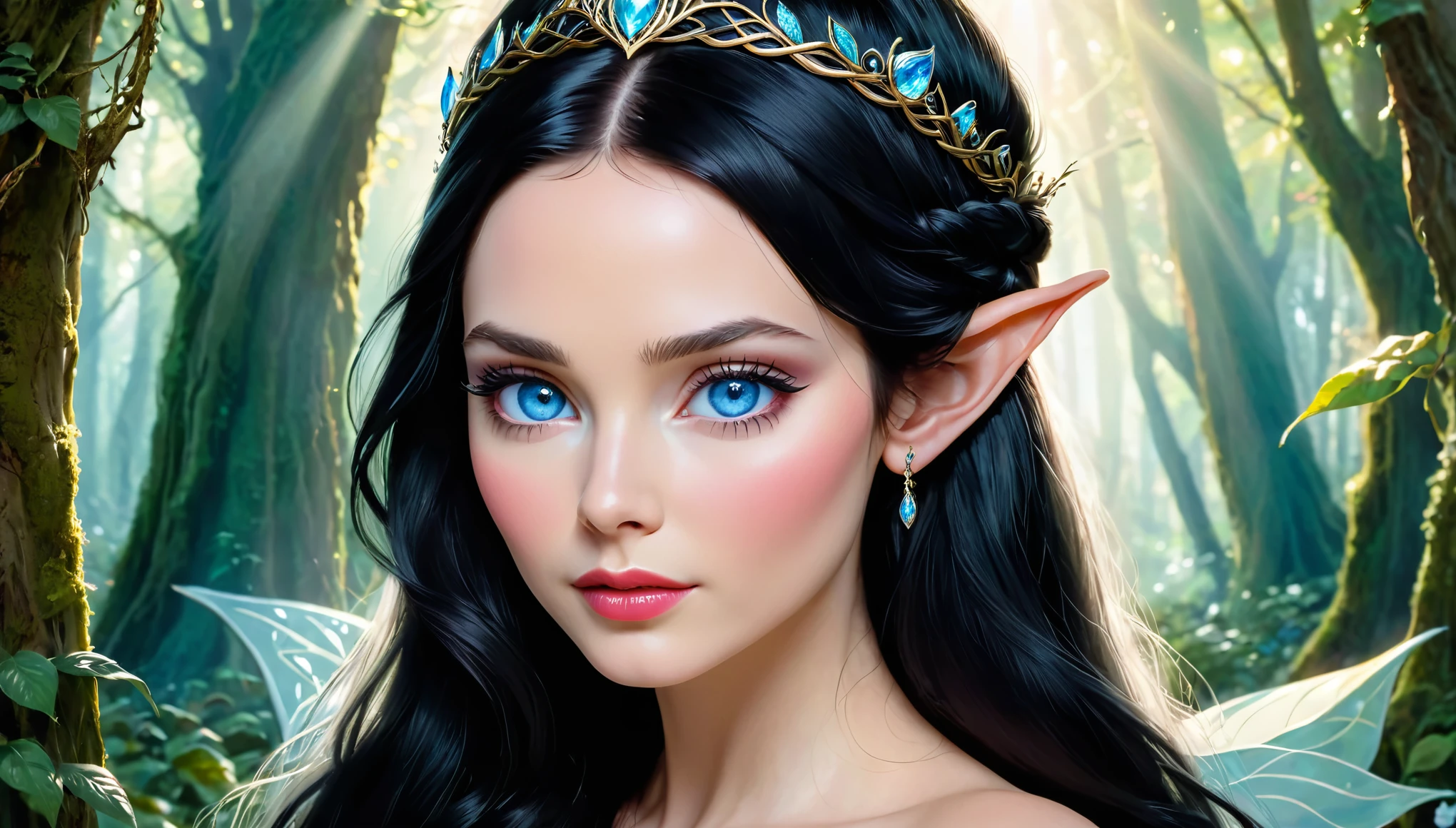 ARWEN (( THE LORD OF THE RINGS)), BEAUTIFUL BLACK HAIR WOMAN, HUGE LONG BLACK HAIR, VOLUMOUS HAIR, BRAIDED HAIR, EXPOSED TIP EARS, ELF TIARA, VERY PALE SKIN, TURCOISE BLUE EYES, EXPRESSIVE TURCOISE EYES, LOVELY FACE EXPRESSION, GORGEOUS LIPIS, SOFT LIPSTICK, ROSY CHEEKS, HIGH CHEEKBONES, MENTAL FORAMEN, STRAPLESS CLEAVAGE, FRONTAL ANGLE SHOT, DEEP FORREST BACKGROUND, DAYLIGHTS, STRONG BACKLIGHTS, SUN, MASTERPIECE