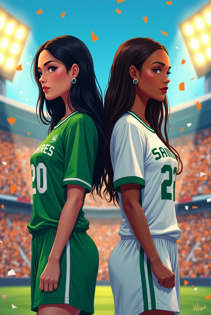 Illustration of two women holding hands with their backs to each other wearing football jerseys. one with white skin,Bblack hair, smooth and shorter a little below the shoulder, and with the green shirt with the number 20 on the back written TAMIRES. And the other with brown skin, straight and long hair, a little taller and wearing a white shirt with number 22 written SAMILLY