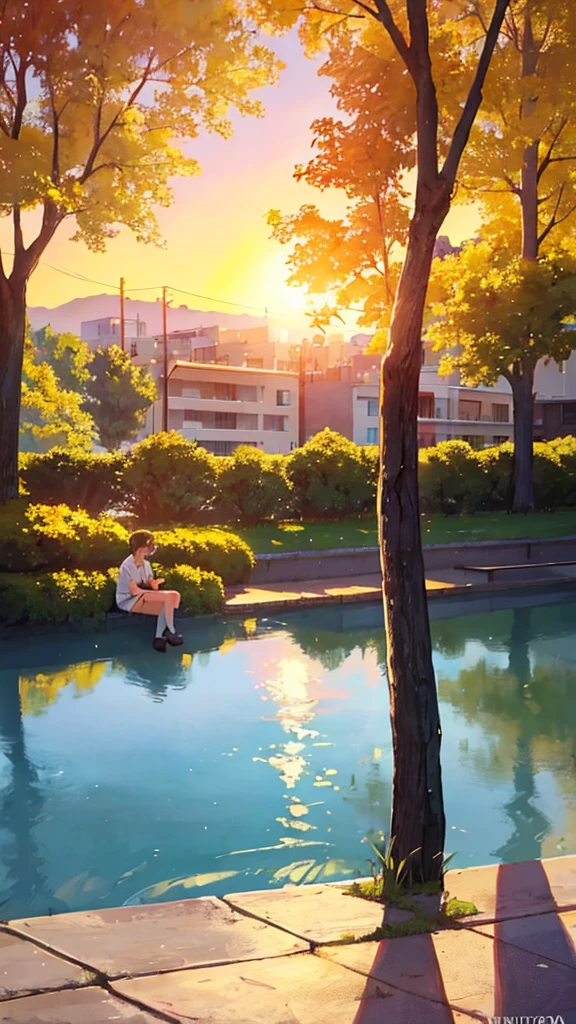 Create exquisite illustrations reminiscent of Makoto Shinkai's style, It has ultra-fine details and top-notch quality. Create a captivating illustration that encapsulates the essence of nostalgia and fantasy, featuring a group of male students in school uniforms reclining on the embankment. They gaze at the enchanting sunset in the distance, while beneath the embankment flows a serene river. The sun hangs low in the sky, casting a warm and golden glow that imbues the scene with a dreamlike atmosphere. The setting sun paints the sky in breathtaking hues of orange, pink, and purple, creating a panorama of vibrant colors that meld together seamlessly. The students, dressed in their school uniforms, lie on the embankment, their expressions a mix of contentment and wonder as they share this mesmerizing moment. Pay meticulous attention to detail, allowing the sunlight to caress their faces and the interplay of light and shadow to accentuate their surroundings. With the tranquil river flowing below, your task is to create an image that not only captures the serene beauty of the scene but also sparks the viewer's imagination, inviting them to join these students in their contemplative and magical experience. Through your artistic mastery, transform the embankment into a stage for nostalgia and wonder, where the shared view of the distant sunset fosters a sense of camaraderie and a deep connection to the fleeting beauty of the moment.