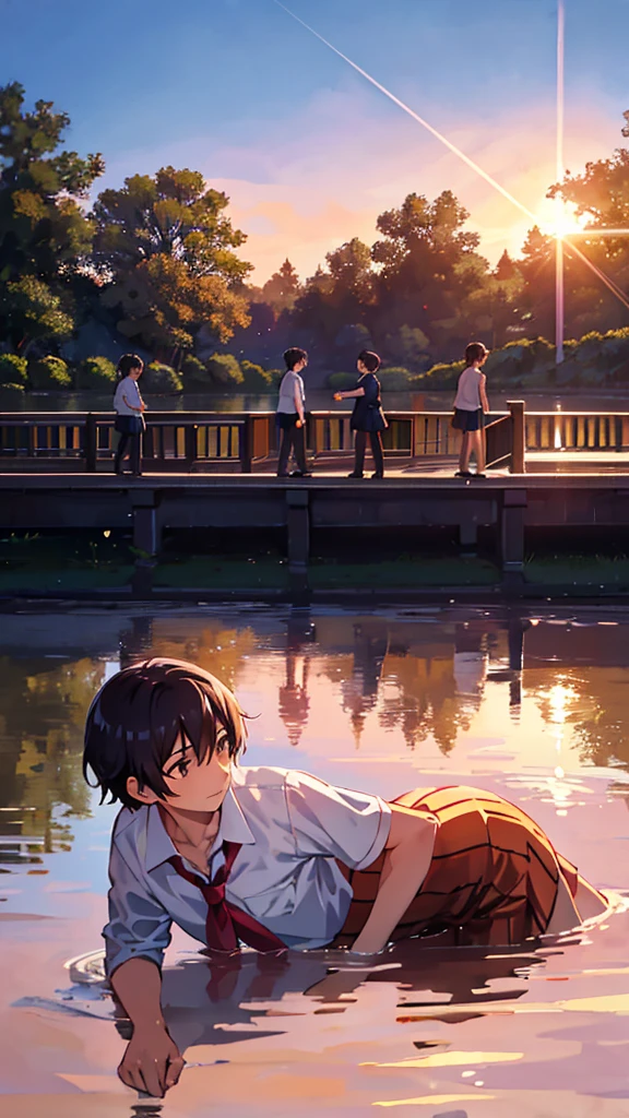 Create exquisite illustrations reminiscent of Makoto Shinkai's style, It has ultra-fine details and top-notch quality. Create a captivating illustration that encapsulates the essence of nostalgia and fantasy, featuring a group of male students in school uniforms reclining on the embankment. They gaze at the enchanting sunset in the distance, while beneath the embankment flows a serene river. The sun hangs low in the sky, casting a warm and golden glow that imbues the scene with a dreamlike atmosphere. The setting sun paints the sky in breathtaking hues of orange, pink, and purple, creating a panorama of vibrant colors that meld together seamlessly. The students, dressed in their school uniforms, lie on the embankment, their expressions a mix of contentment and wonder as they share this mesmerizing moment. Pay meticulous attention to detail, allowing the sunlight to caress their faces and the interplay of light and shadow to accentuate their surroundings. With the tranquil river flowing below, your task is to create an image that not only captures the serene beauty of the scene but also sparks the viewer's imagination, inviting them to join these students in their contemplative and magical experience. Through your artistic mastery, transform the embankment into a stage for nostalgia and wonder, where the shared view of the distant sunset fosters a sense of camaraderie and a deep connection to the fleeting beauty of the moment.