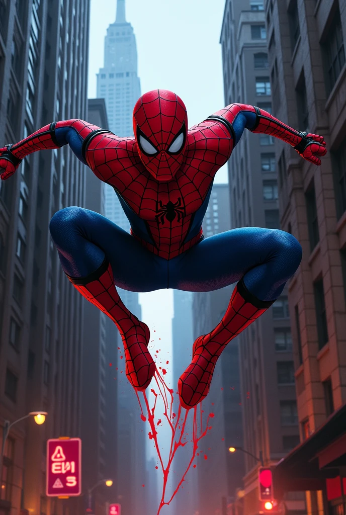 Spiderman swinging with blood swishing 