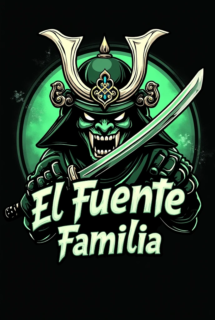 a circle logo for el fuente familia a green black and white demon with samurai mask and sword with name