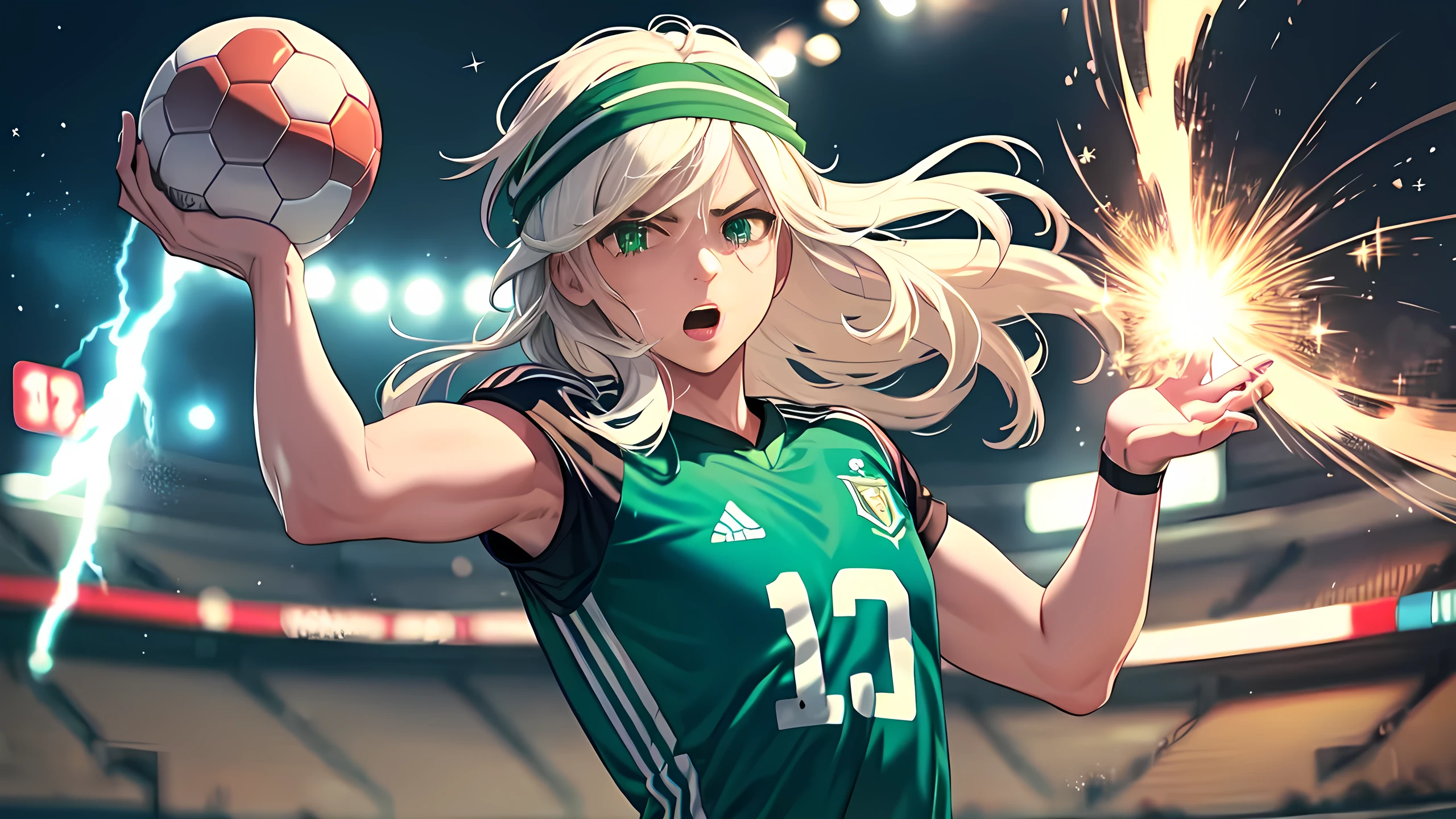 アニメ, sleeved, captain tsubasa, Soccer, sporting club of portugal, football, soccer ball, football((​masterpiece:1.4, best quality))+, (Ultra-detail)+, light green long hair ,weises bandana, green eyes, football stadium, football game, angry players, grün weiße football shirt, green white clothes striped, football elements, Coole pose, different skin color,colorful background,natta ,(lightning effect),(Sparkly Eyes), football, many cute , five big stars sparkle, sporting club of portugal