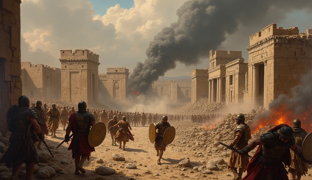 oil painting, Aerial view of a destroyed ancient city, warriors killing civilians, civilians fleeing