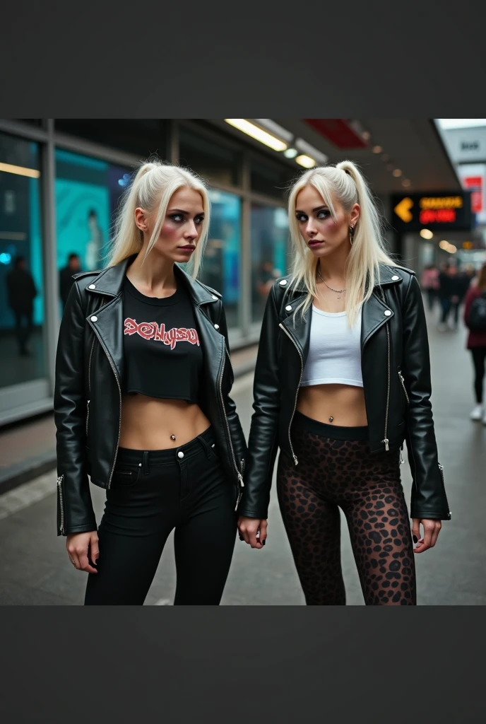 Old russian milf, platinum blonde hair in ponytail ,with very light blue eyes, pale, smeared heavy makeup. Wearing black moto jacket, cropped rock t-shirt, leopard print leggings and white tennis sneakers. Sad face, crying