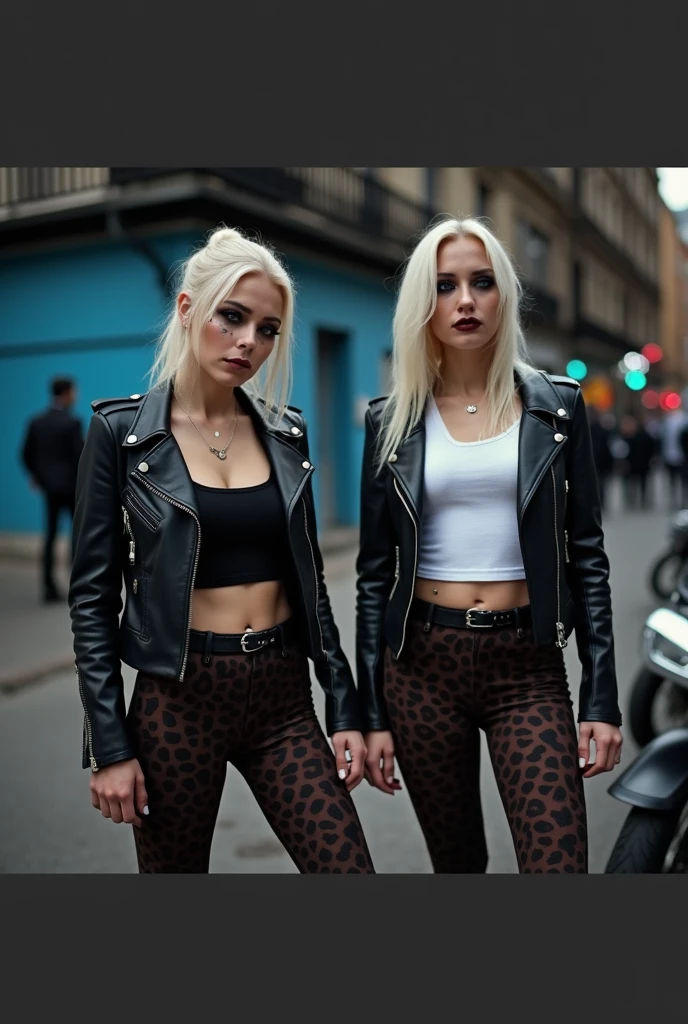 Old russian milf, platinum blonde hair in ponytail ,with very light blue eyes, pale, smeared heavy makeup. Wearing black moto jacket, cropped rock t-shirt, leopard print leggings and white tennis sneakers. Sad face, crying
