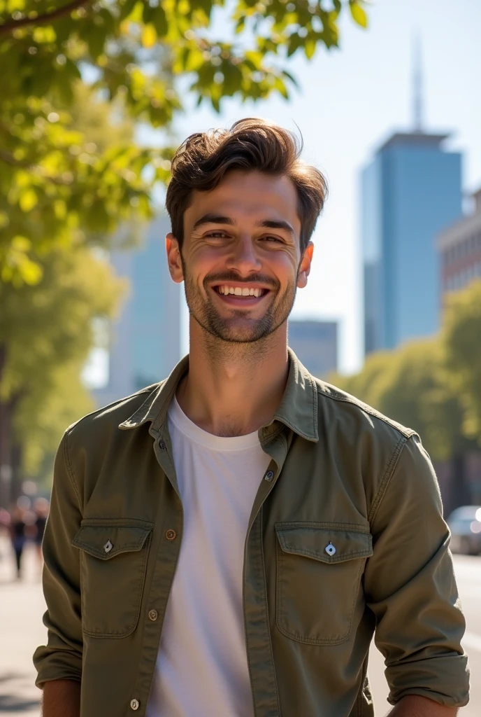 Take a realistic human photo of a 25-year-old man smiling