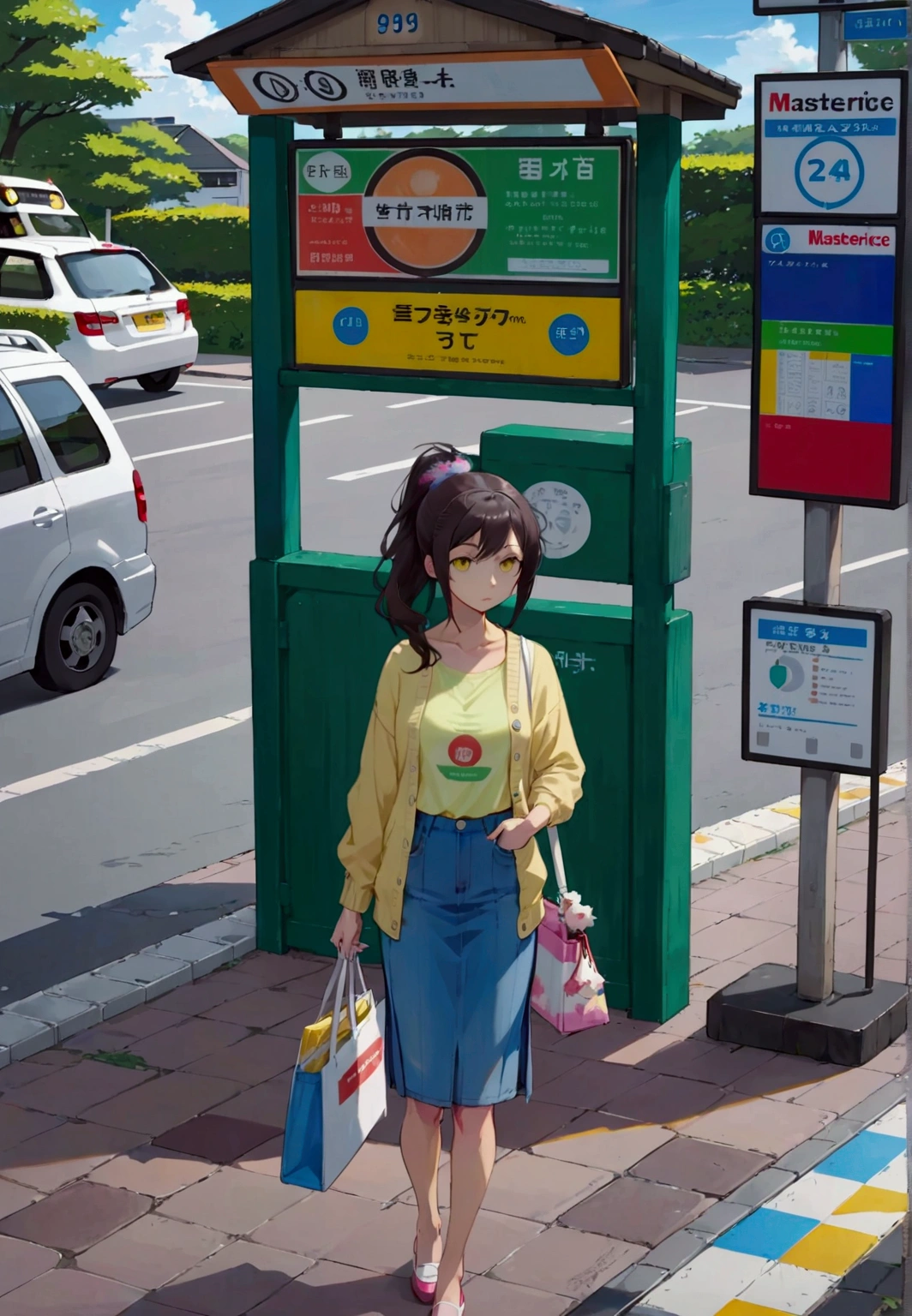 realistic anime illustration of pretty young woman is waiting at bus stop sign, looking at viewer, front view, she has black ponytail, wearing pastel yellow cardigan, t-shirt, denim pencil long skirt, and white tote bag, (1girl, solo, full body), (masterpiece, best quality, japanese anime style), (expressive eyes, perfect face)