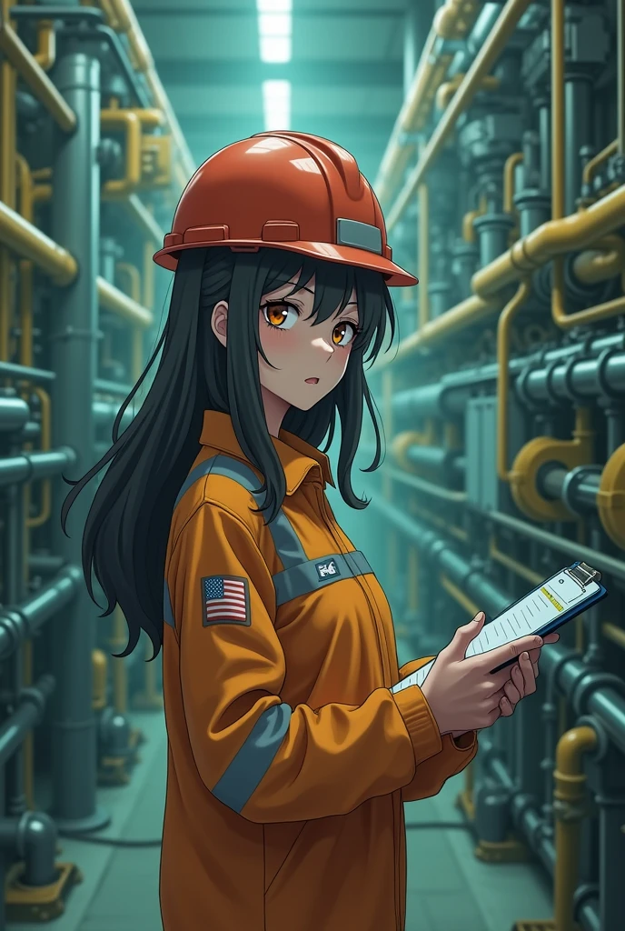 Semi-long hair beautiful girl 22 years old anime Work clothes Helmet Sewage treatment plant Midori Juji Security confirmation