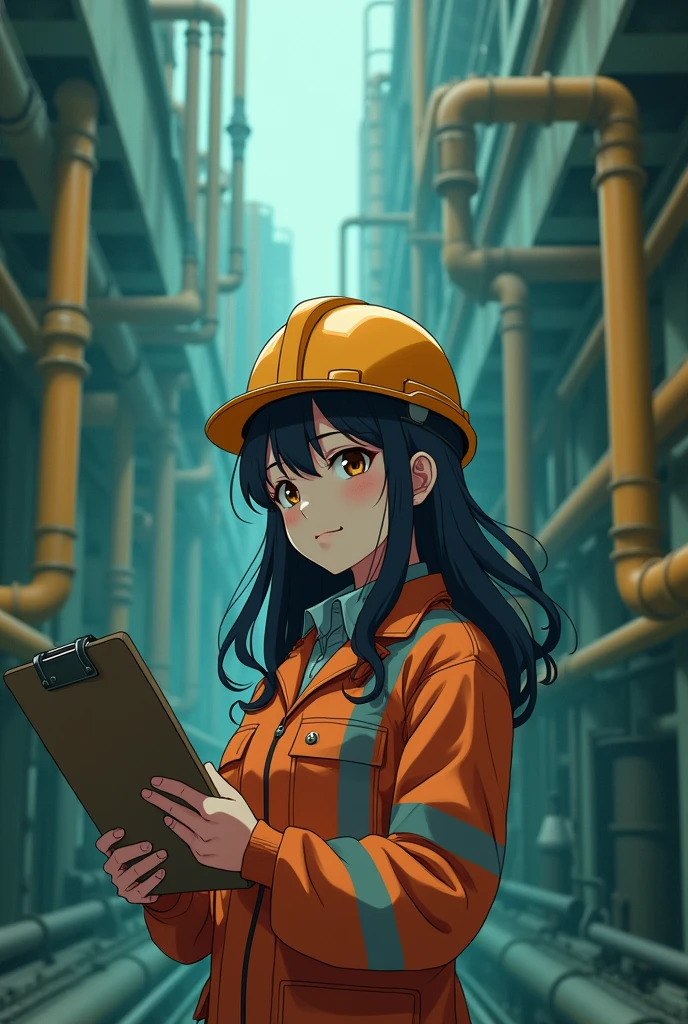 Semi-long hair beautiful girl 22 years old anime Work clothes Helmet Sewage treatment plant Midori Juji Security confirmation