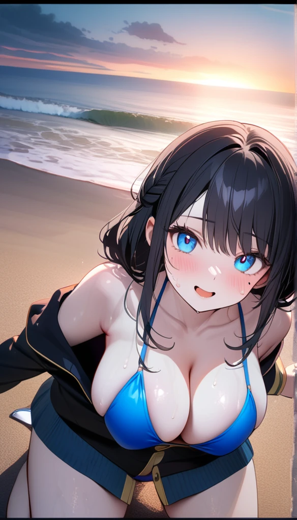 (One person),(Best image quality, 8k, masterpiece:1.3), (high school student:1.5), ((Black hair:1.1)), (Braid),(Swept-apart bangs), (Cute eyes, Black pupil, Iris Sky Blue, like々Funny face), (Mole under right eye), (Standard weight), (Large Breasts),(Big Hips), (Glowing Skin:1.1),(Pale skin:1.2), (slouch),(wariza),(Blue Bikini),(Chest close-up),(Sweat),(coastal),(evening),(Sexy pose),(Accentuate your butt),(A fantastic atmosphere),(Looking up),Gaze,smile, Ultra high definition, Textured skin,Sparkle Effect, Low twin tails,Gravure idol,Place your hand on your chest
