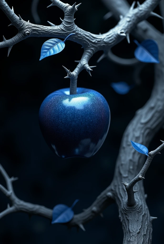 create a 3d image, a dark blue apple hanging from a branch. a black background with white thorns and branches and small blue leaves in a forest.