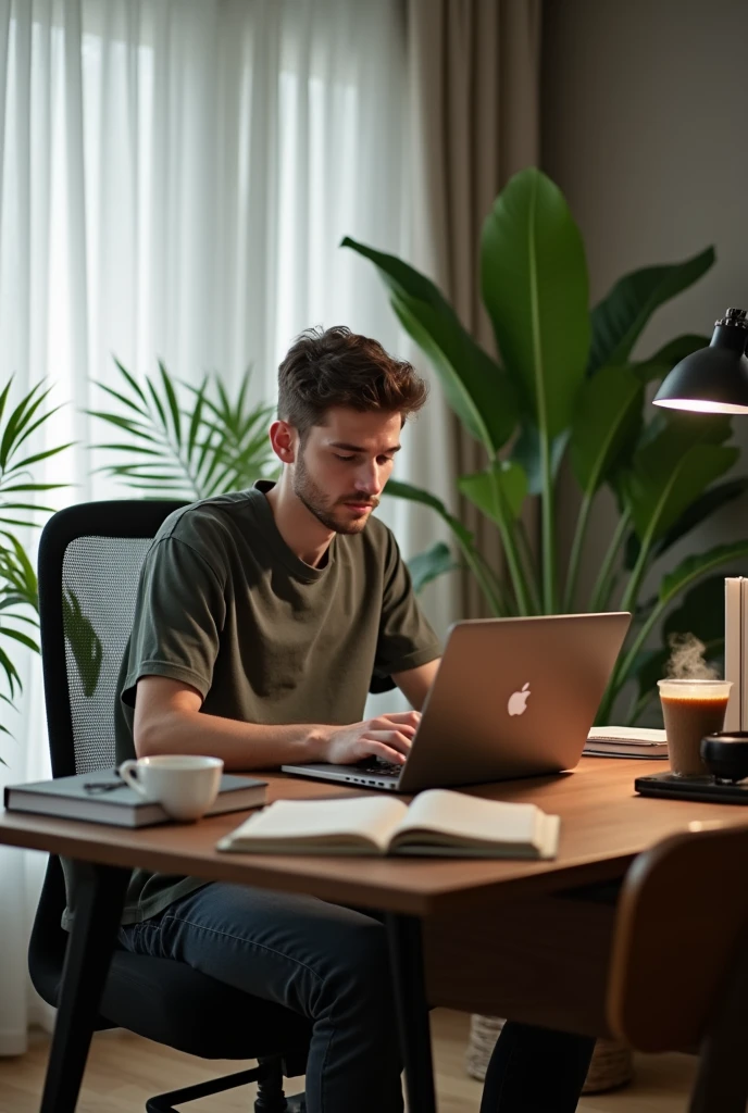 A young man is working online in an aesthetic workspace., Seen from behind