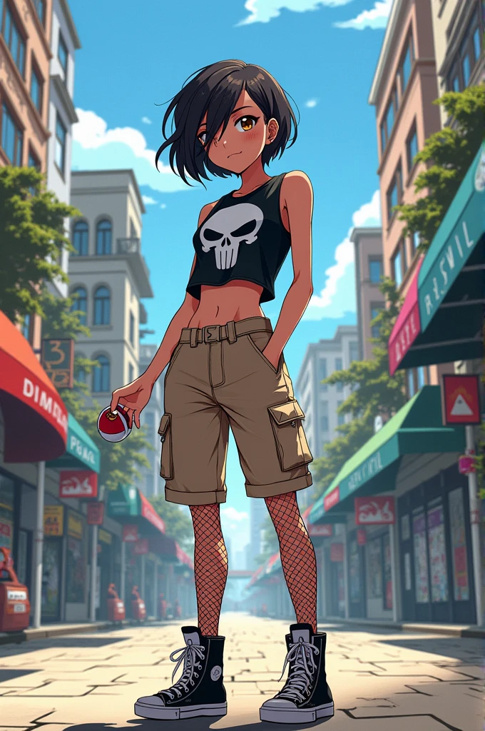 a Brazilian brown girl with short black hair with red highlights, she has 1, 65, wearing a black cropped top with a skull image, A beige cargo skirt, fishnet stockings and black shoes with white details, she is holding a pokeball and is in a city, アニメ