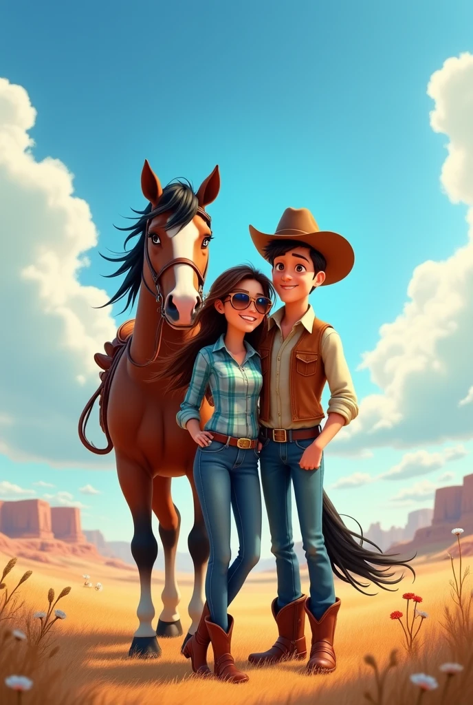 Pixar style poster of a cowboy couple in love, the girl with brown hair wearing sunglasses , wearing a light blue plaid shirt and blue jeans with brown ankle boots and the boy with black hair , wearing sunglasses, a slightly tanned complexion, a blue shirt and blue jeans with brown boots, a cap, and a lead-colored horse, with black hair the horse named (The master of the horse )