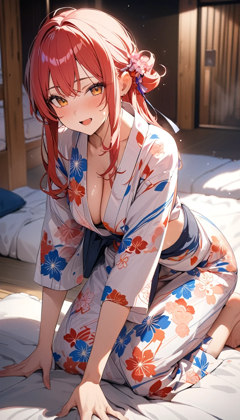 masterpiece,Highest quality,8k,futon,hostel,yukata,Bold Pose,Big behavior,Shiny hair,Glossy skin,Japanese idol model,