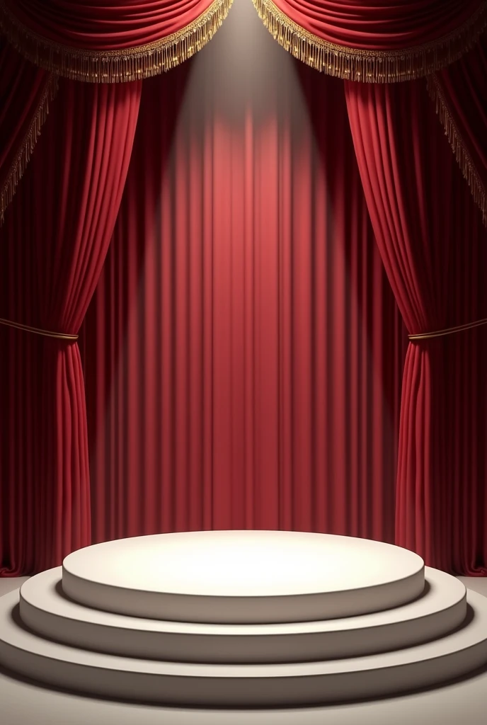 Illustration of a white stage a bit high that in the background has a red curtain with golden edges at the top