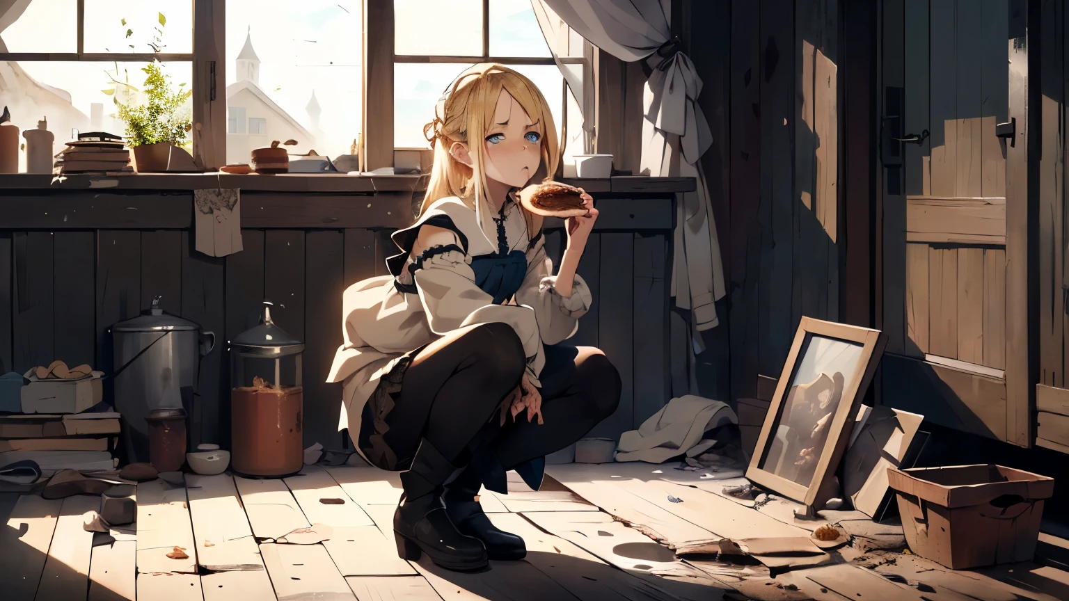 ((best quality)), ((masterpiece)), (detailed), ((1girl)), ((anime)), ((peasant girl)), (( dark fantasy)), ((suffering from hungry)), ((exhausted)), ((blue eyes)), ((blonde)), ((dirty peasant apparel)), ((hungry)), ((upset)), ((no background)), ((full body))