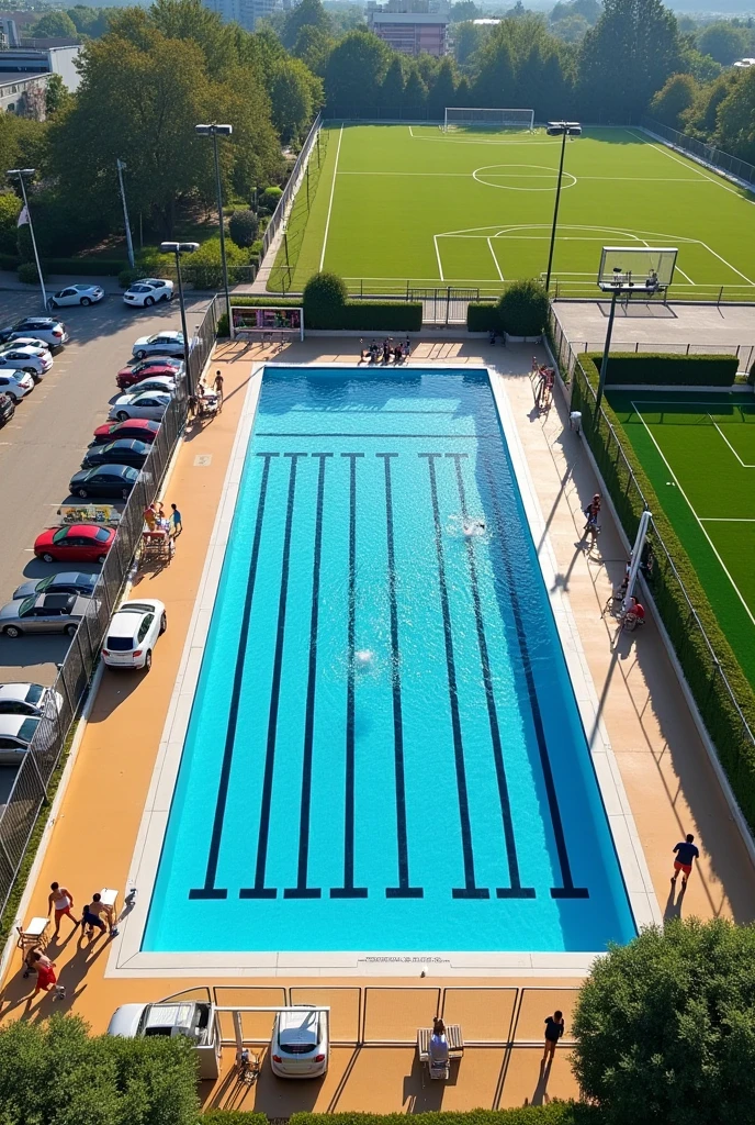 Create an image of a training center with
Gym
Professional swimming pool
Soccer field away from the pool
Volleyball court
Parking lot