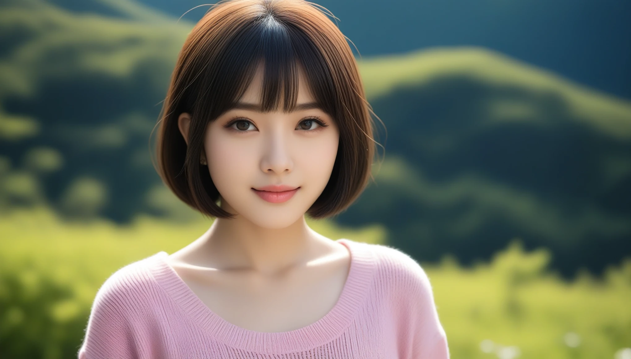 8k, Ultra-high resolution, Highest quality, masterpiece, 三分割法によるphotograph,Surreal, photograph, 1 Girl, (:1.3), pretty girl, Cute Face, 細部までBeautiful Eyes, 細かくdetailedに,masterpiece,One Girl:1.2,Japanese women,Young Wife,upper body,smile,Black hair,Bowl cut,(Summer knitwear:1.3),wood々Inside,Mountain trail,Summer sunshine,wood漏れ日,(Beautiful attention to detail),Subtle details, detailedな顔, smile,Attractive girl,(のポートレートphotograph:1.4),(Photorealistic images:1.4),Fantasy art,(Beautiful Face:1.4),Beautiful and attractive eyes、Beautiful Eyes、(Tight waist:1.4)、(Beautiful with perfect body proportions:1.4),Pink Lips,Looking at the audience,(((Ideal body type))),A-cup small breasts :2,、Portraiture:2、Perfect Anatomy、鮮明なdetailed、detailed,Fashion magazine cover,Thin lips,完璧でBeautiful Face ,完璧でCute Face, Skin with attention to detail, Perfect limbs、Narrow waist,Surreal,Light and shadow,dappled sunlight