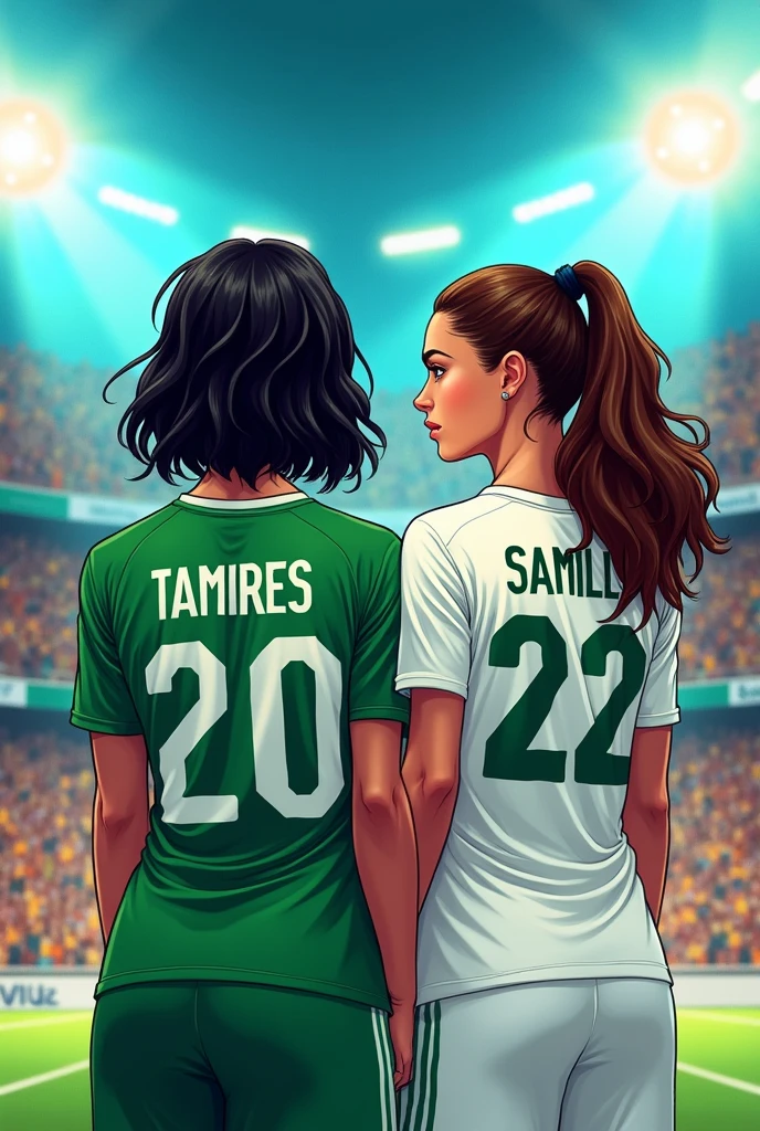 Illustration of two women holding hands with their backs to each other wearing football jerseys. one with white skin,Bblack hair, smooth and shorter a little below the shoulder, and with the green shirt with the number 20 on the back written TAMIRES. And the other with brown skin, straight and long hair, a little taller and wearing a white shirt with number 22 written SAMILLY
