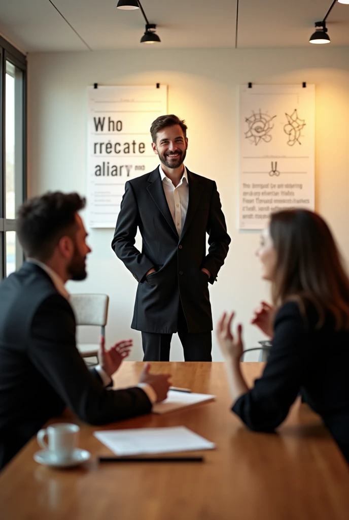 A panel of three interviewee in a room in a happy mood taking interview from a person with black coat, white shirt, black paint and shoes 