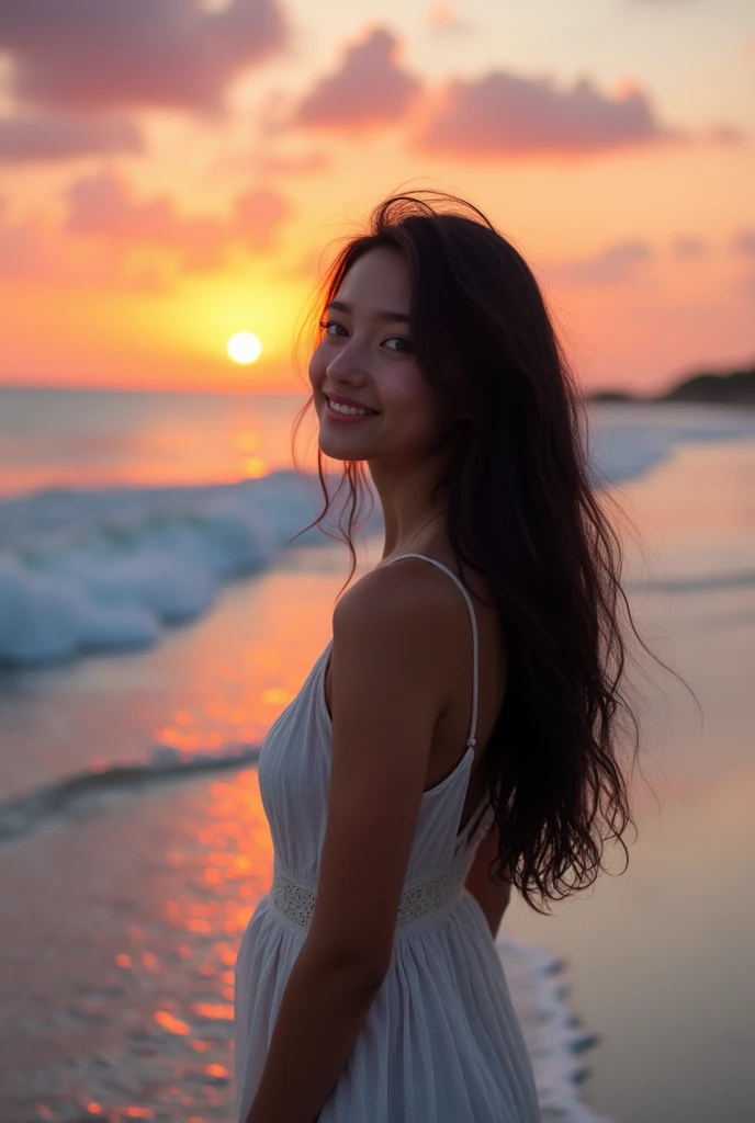 A young woman with long dark hair gazes at the horizon on the beach, with the sun visible in the distance..1 girl, Alone, Long hair, High resolution, breasts, smile, blue eyes, masterpiece,