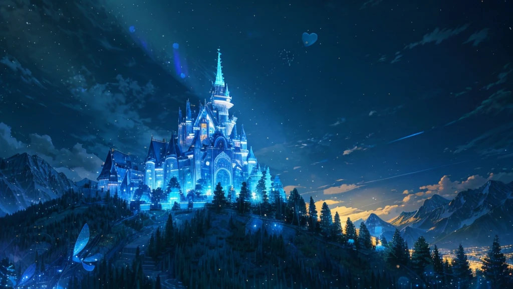 anime inspired castle in the alps with bright blue glass like sky shinning twinkling sparkling effect(bokeh effect) (fireflies)