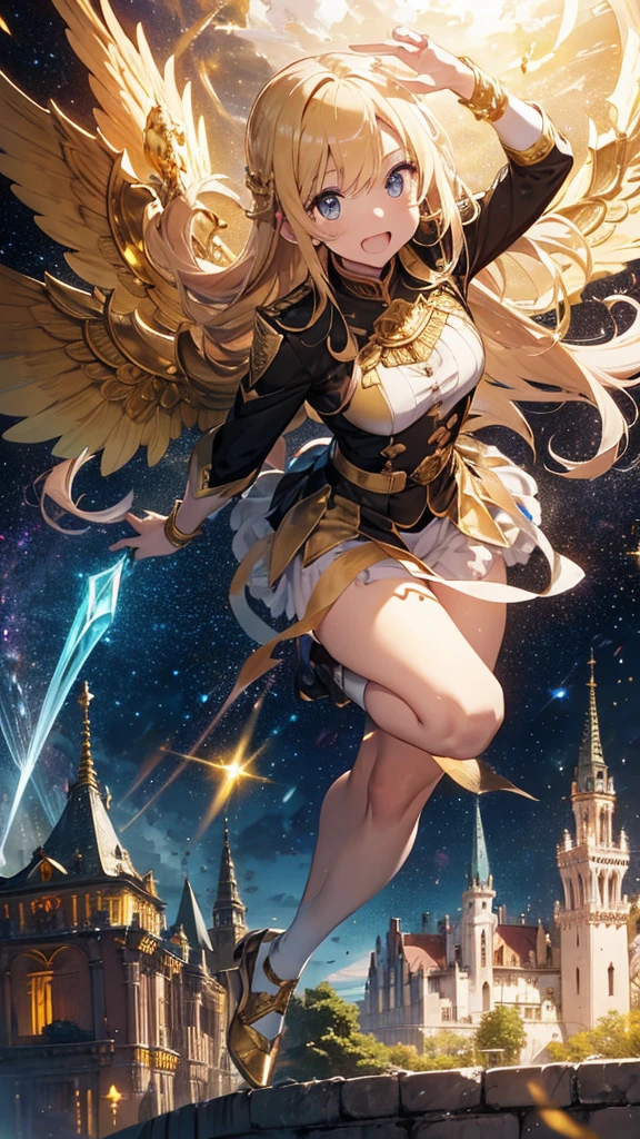 divine empire guarded by angels, dream citadel,golden walls decorated with gems of different colors and shapes, streets paved with gold,rivers of Tourmaline , castillo de cristal,cielo estrellado